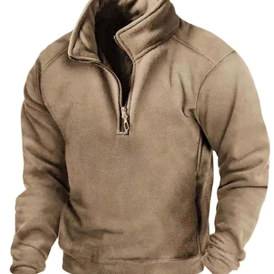 Men's Fleece Quarter-Zip Stand-Collar Pullover Sweater - Khaki