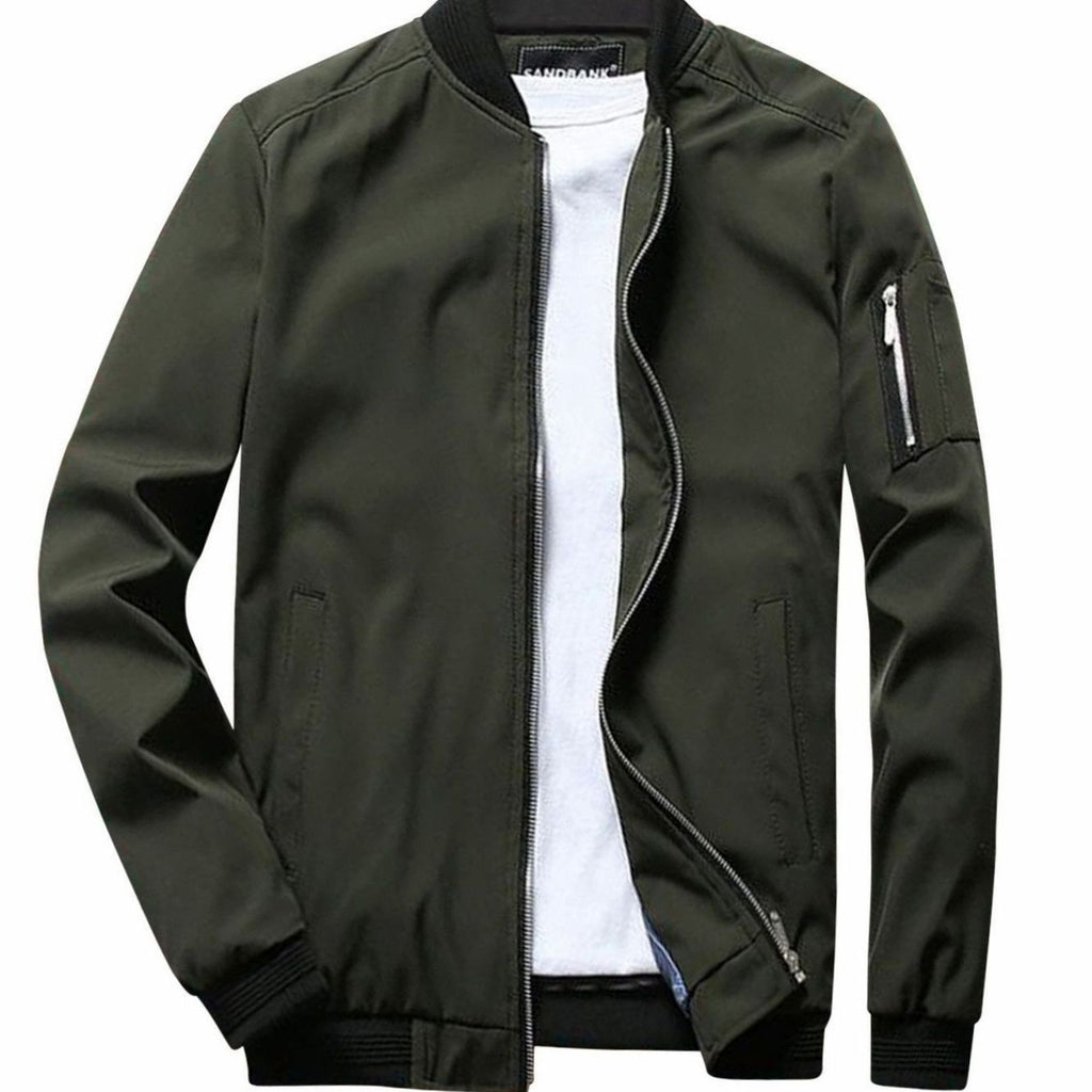Men's Full-Zip Bomber Front Jacket Ribbed-Collar Lightweight - Army Green