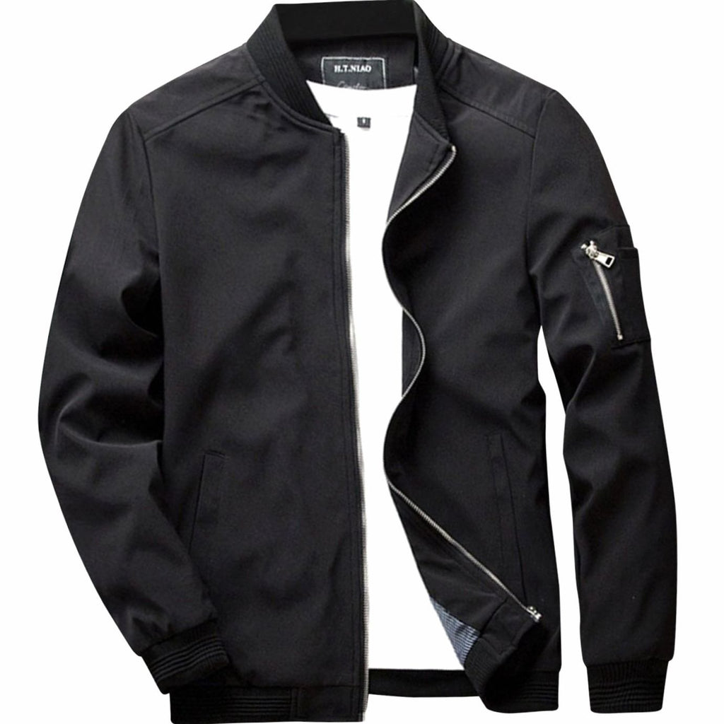 Men's Full-Zip Bomber Front Jacket Ribbed-Collar Lightweight - Black