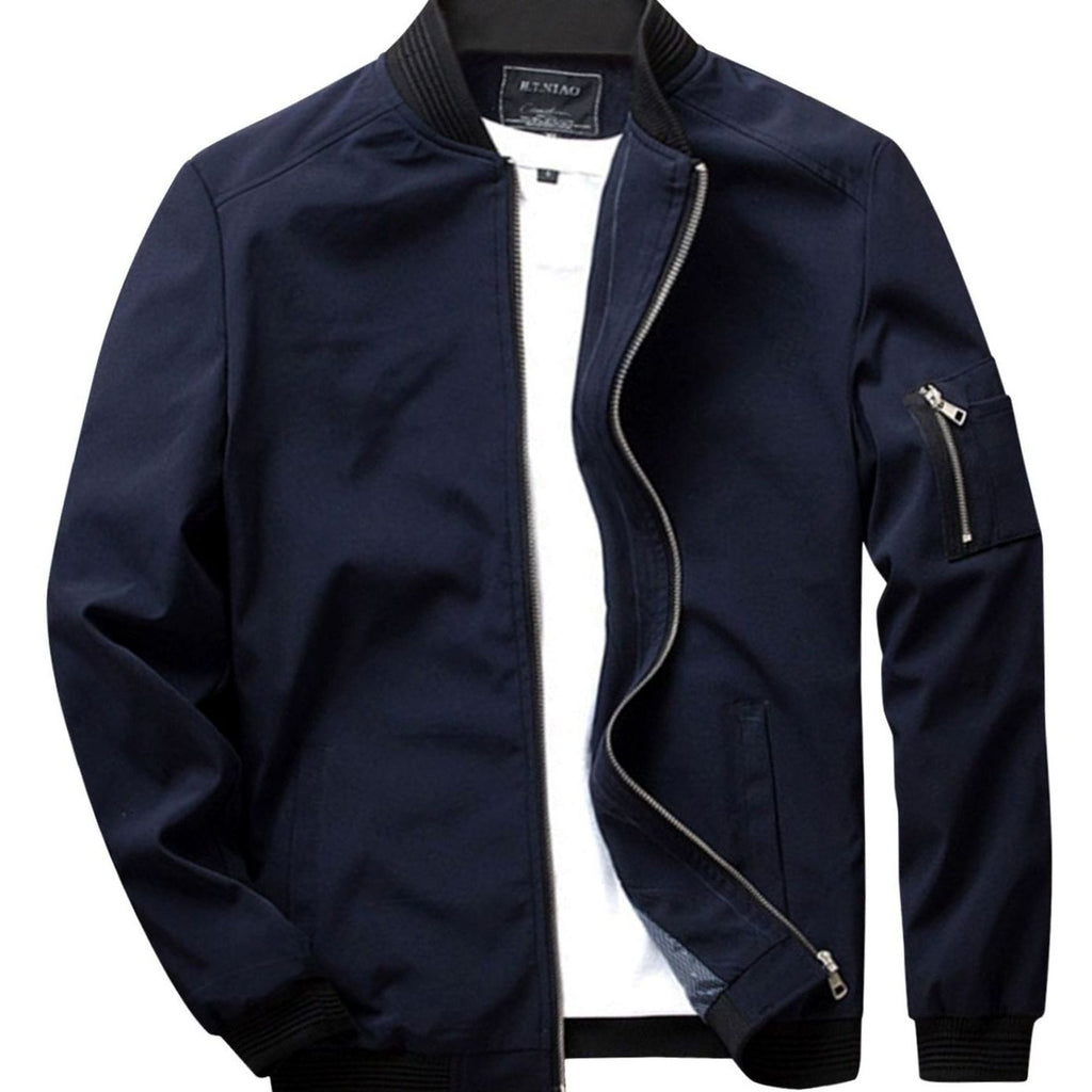 Men's Full-Zip Bomber Front Jacket Ribbed-Collar Lightweight - Dark Blue