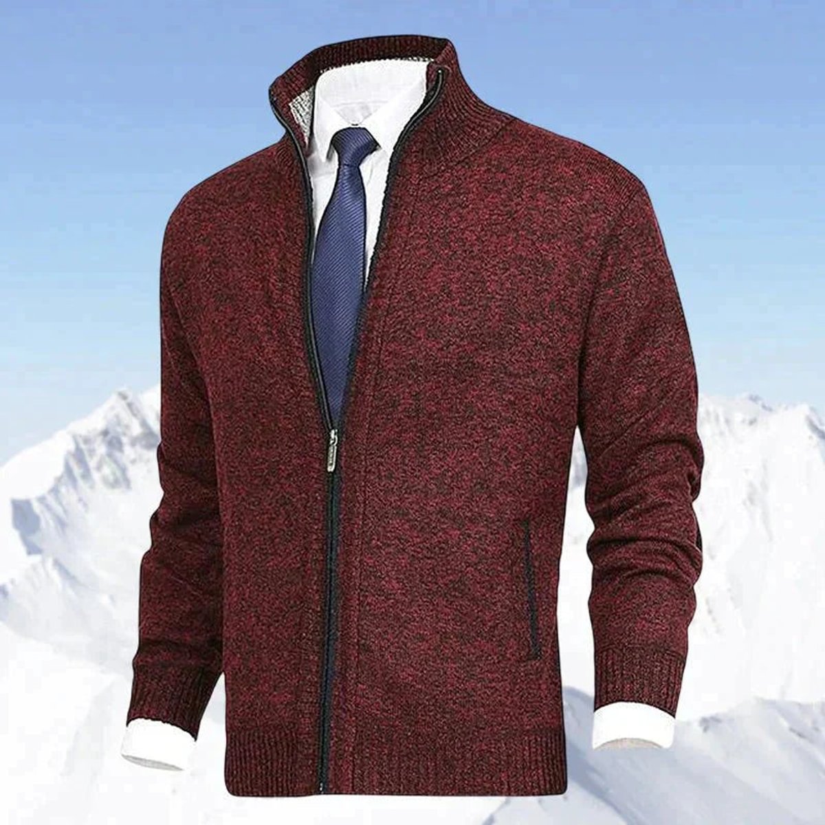 Men's Full-Zip Stand-Collar Knit Mens Cardigan Sweater - Red