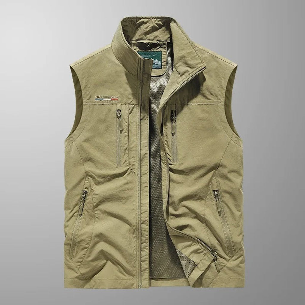Mens Gilet Sleeveless Zip-Up Cargo Vest Multi-Pocket Outdoor - Khaki