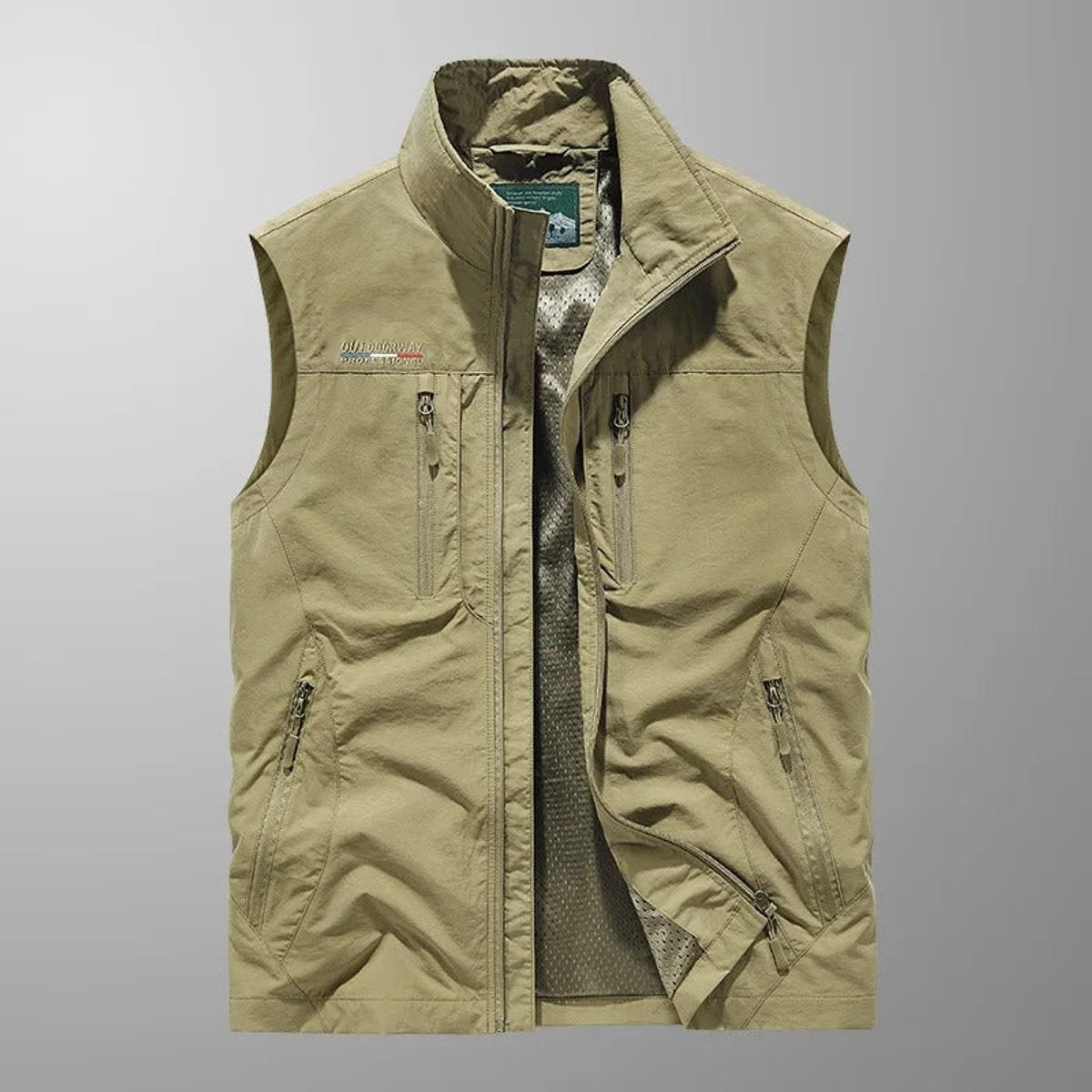 Mens Gilet Sleeveless Zip-Up Cargo Vest Multi-Pocket Outdoor - Khaki