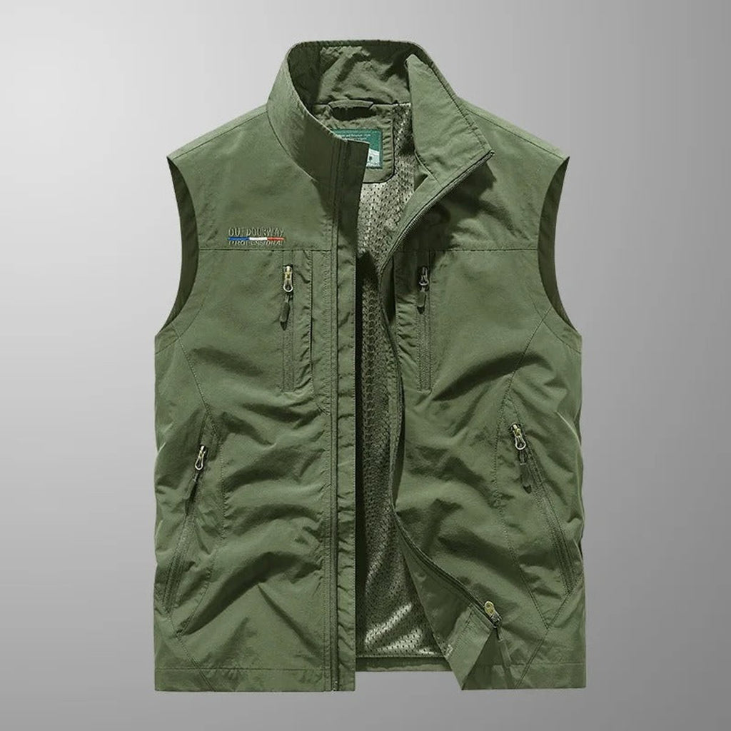 Mens Gilet Sleeveless Zip-Up Cargo Vest Multi-Pocket Outdoor - Green