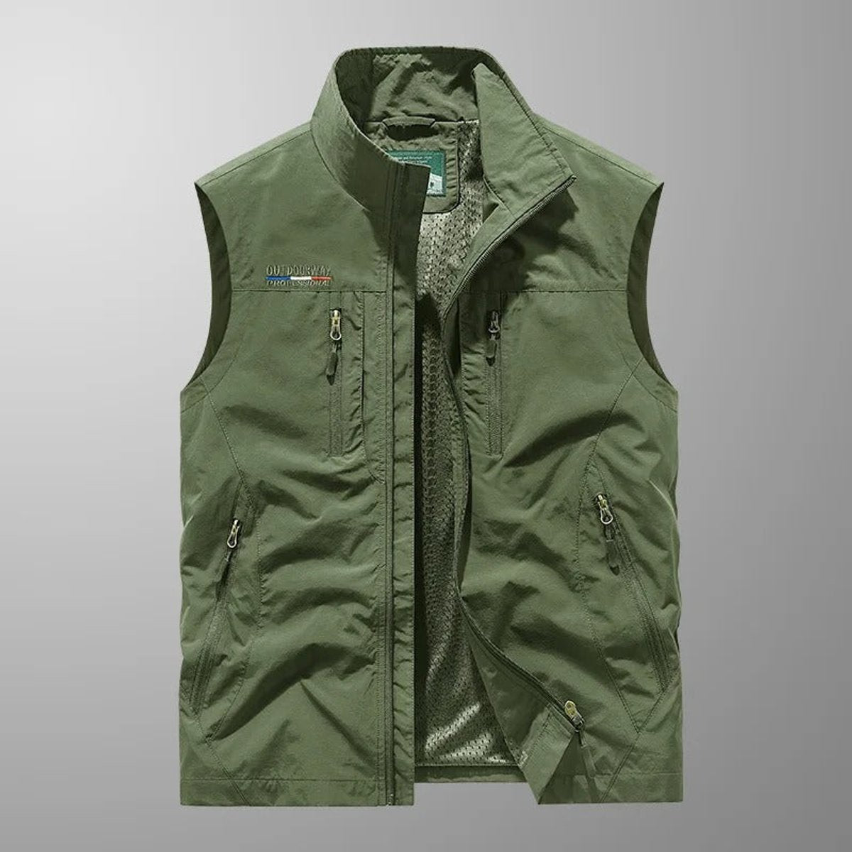 Mens Gilet Sleeveless Zip-Up Cargo Vest Multi-Pocket Outdoor - Green