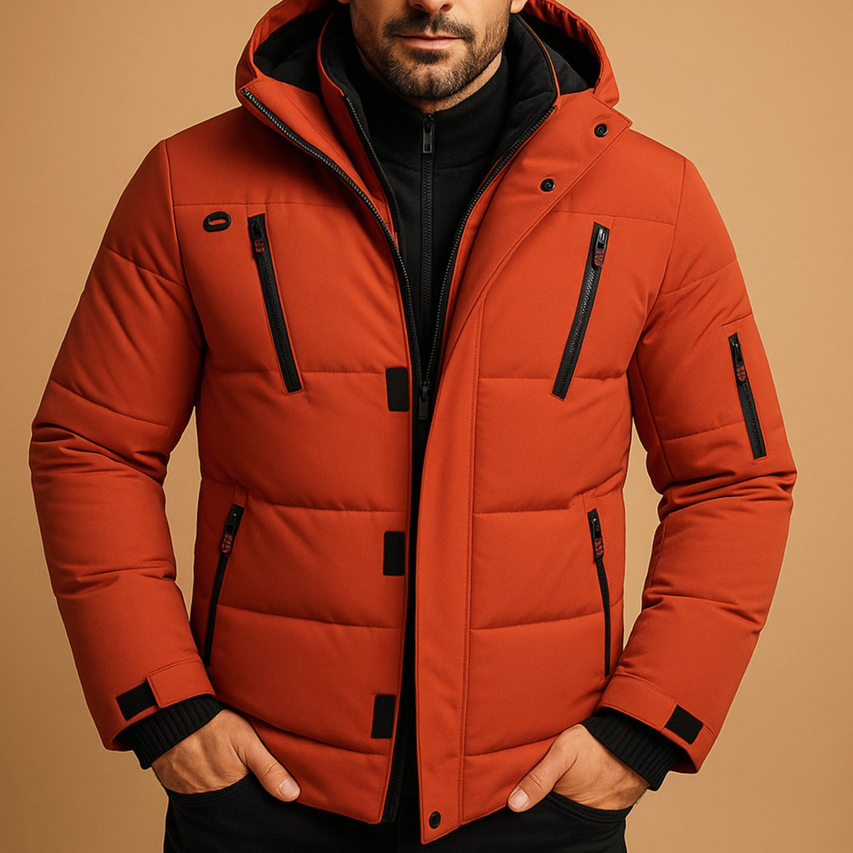 Men's Heavy-Duty Hooded Insulated Puffer Winter Jacket - Orange