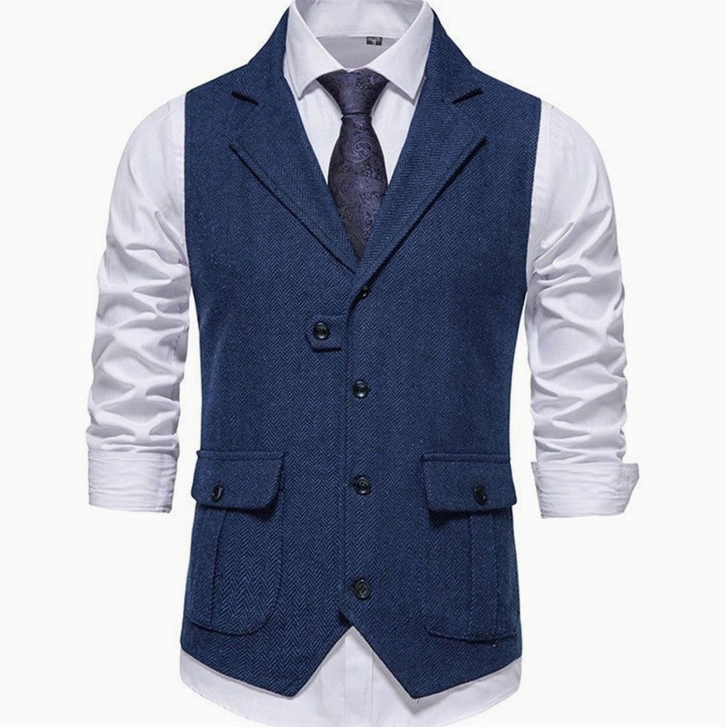 Men's Herringbone Notch-Lapel Button-Front Outfit Vest - Blue