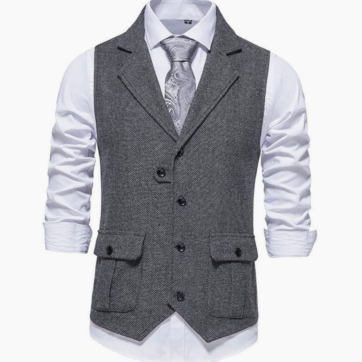 Men's Herringbone Notch-Lapel Button-Front Outfit Vest - Dark Gray