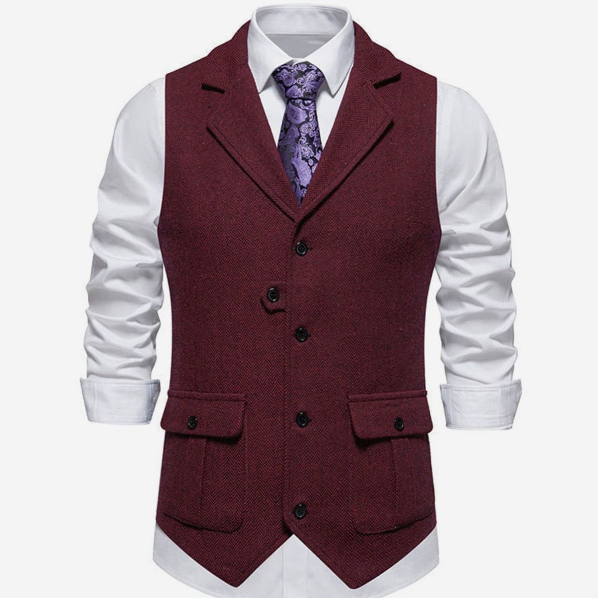 Men's Herringbone Notch-Lapel Button-Front Outfit Vest - Red