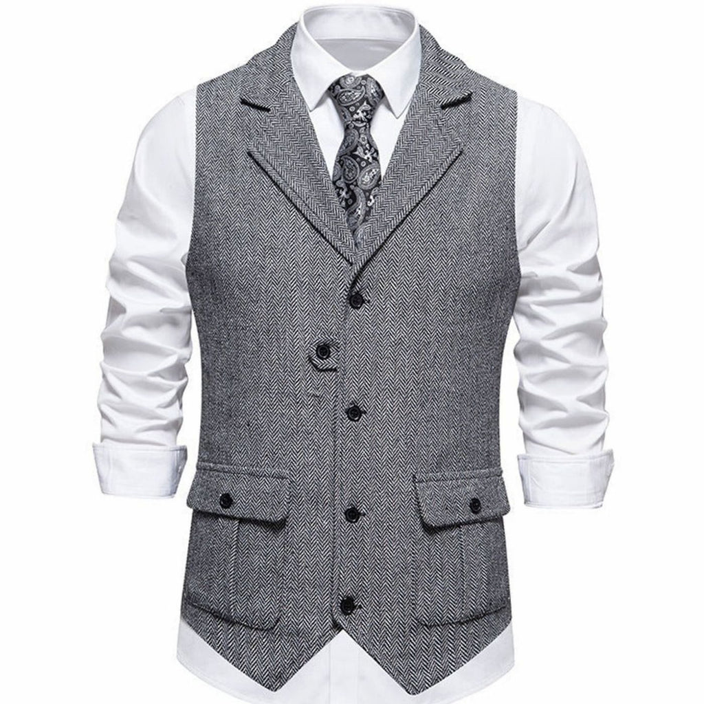 Men's Herringbone Notch-Lapel Button-Front Outfit Vest - Light Gray