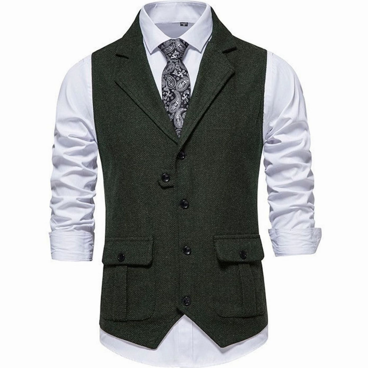 Men's Herringbone Notch-Lapel Button-Front Outfit Vest - Green