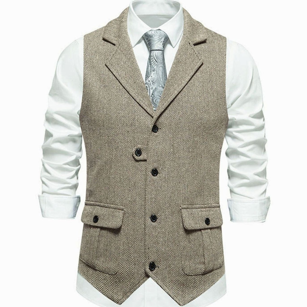 Men's Herringbone Notch-Lapel Button-Front Outfit Vest - Beige