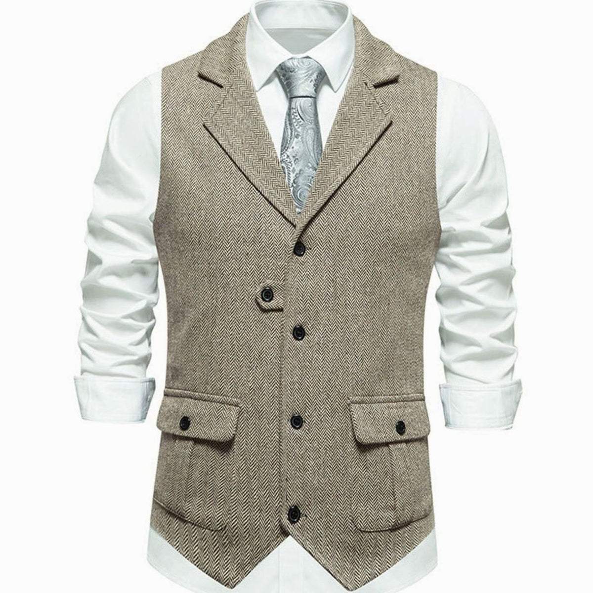 Men's Herringbone Notch-Lapel Button-Front Outfit Vest - Beige