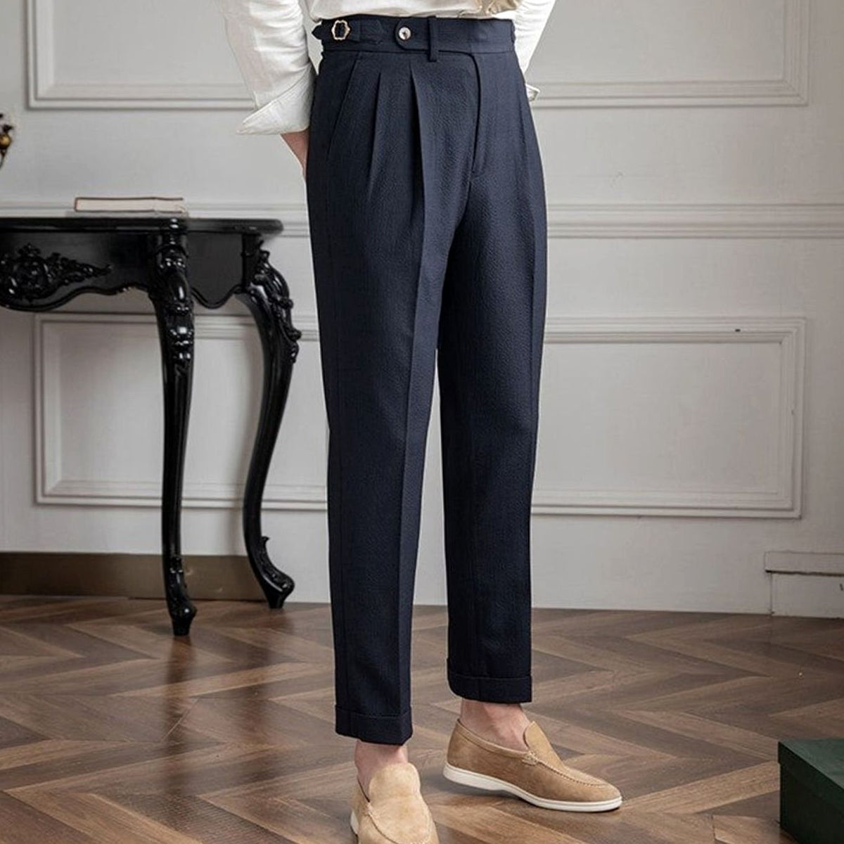Men's High-Rise Tailored Pleated Trousers Buckle Waist