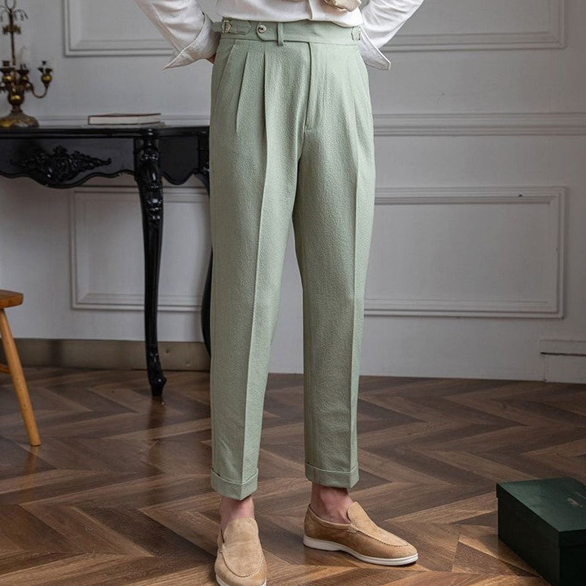 Men's High-Rise Tailored Pleated Trousers Buckle Waist