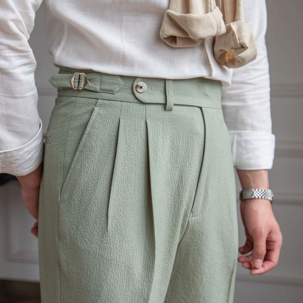 Men's High-Rise Tailored Pleated Trousers Buckle Waist - Green