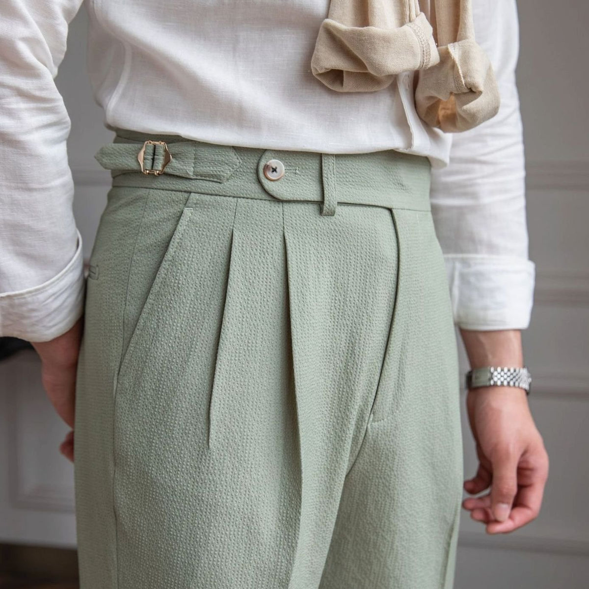 Men's High-Rise Tailored Pleated Trousers Buckle Waist - Green