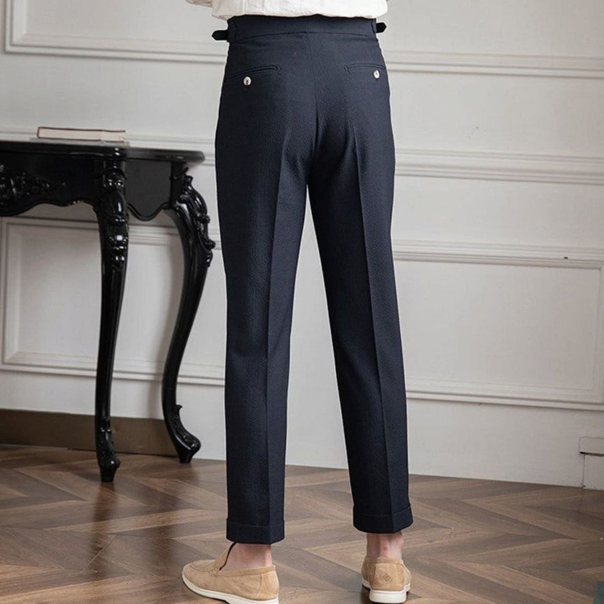 Men's High-Rise Tailored Pleated Trousers Buckle Waist