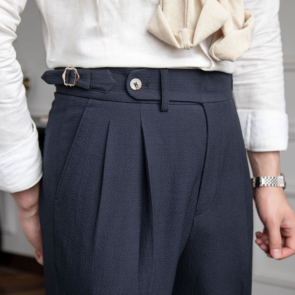 Men's High-Rise Tailored Pleated Trousers Buckle Waist - Blue