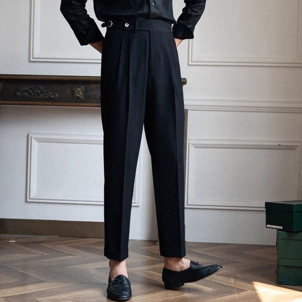 Men's High-Rise Tailored Pleated Trousers Buckle Waist