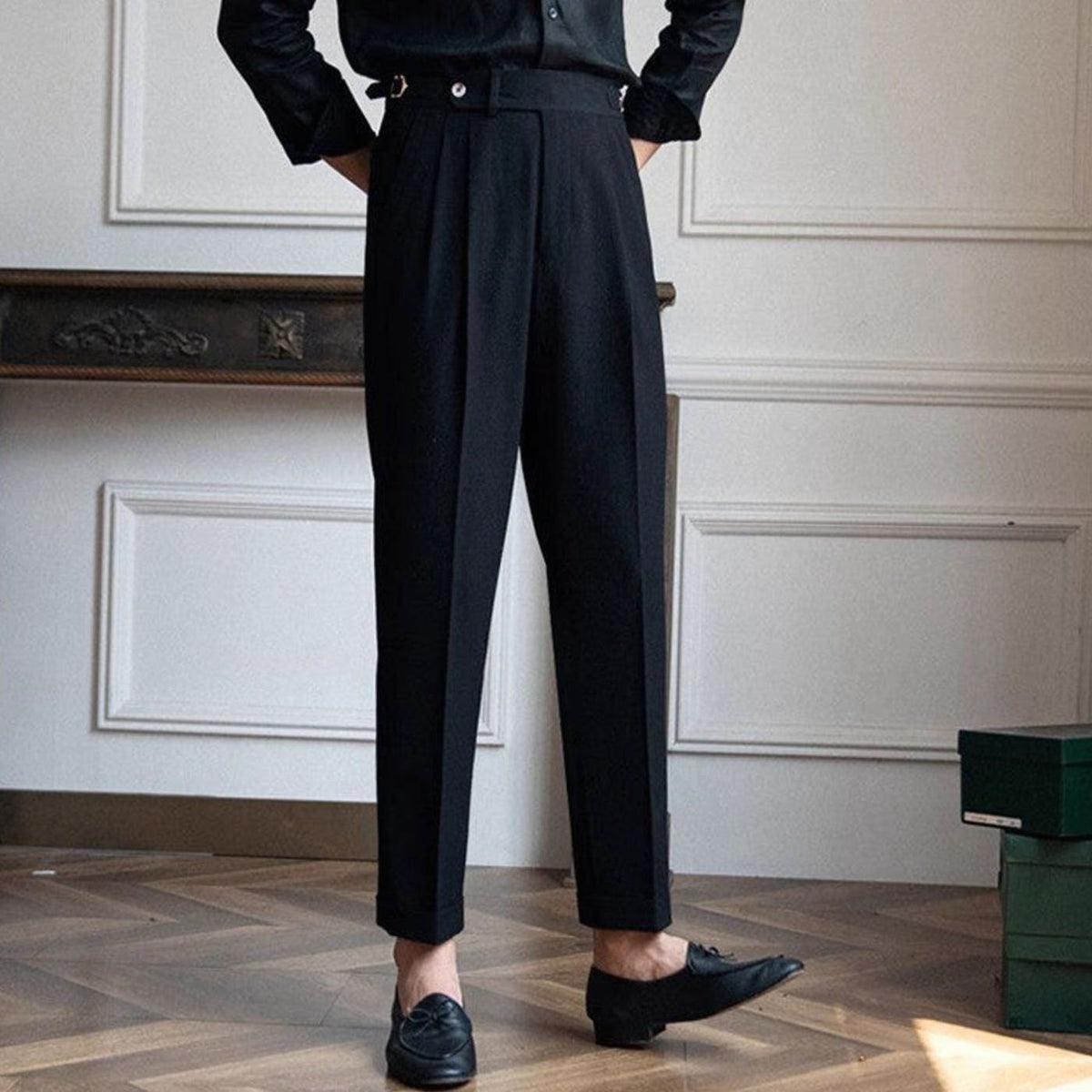 Men's High-Rise Tailored Pleated Trousers Buckle Waist