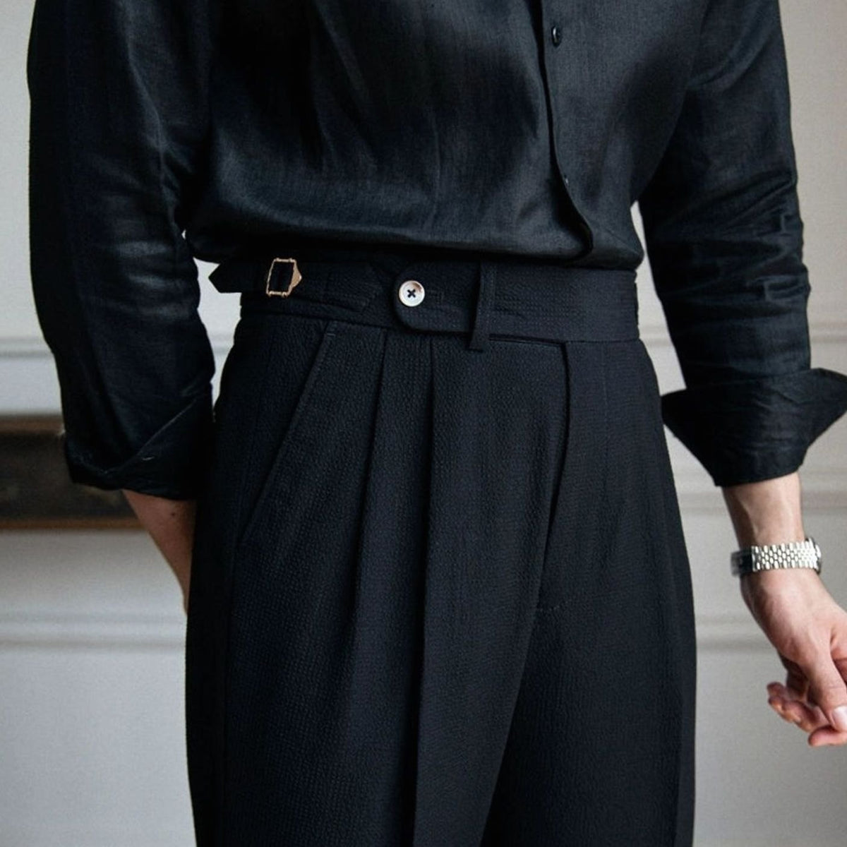 Men's High-Rise Tailored Pleated Trousers Buckle Waist - Black
