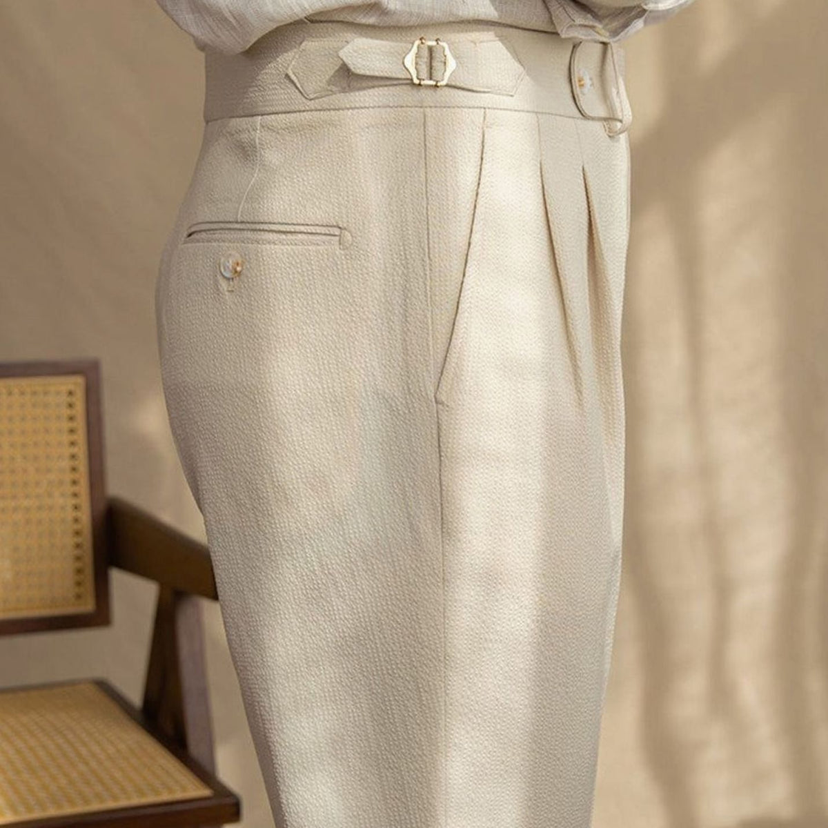 Men's High-Rise Tailored Pleated Trousers Buckle Waist