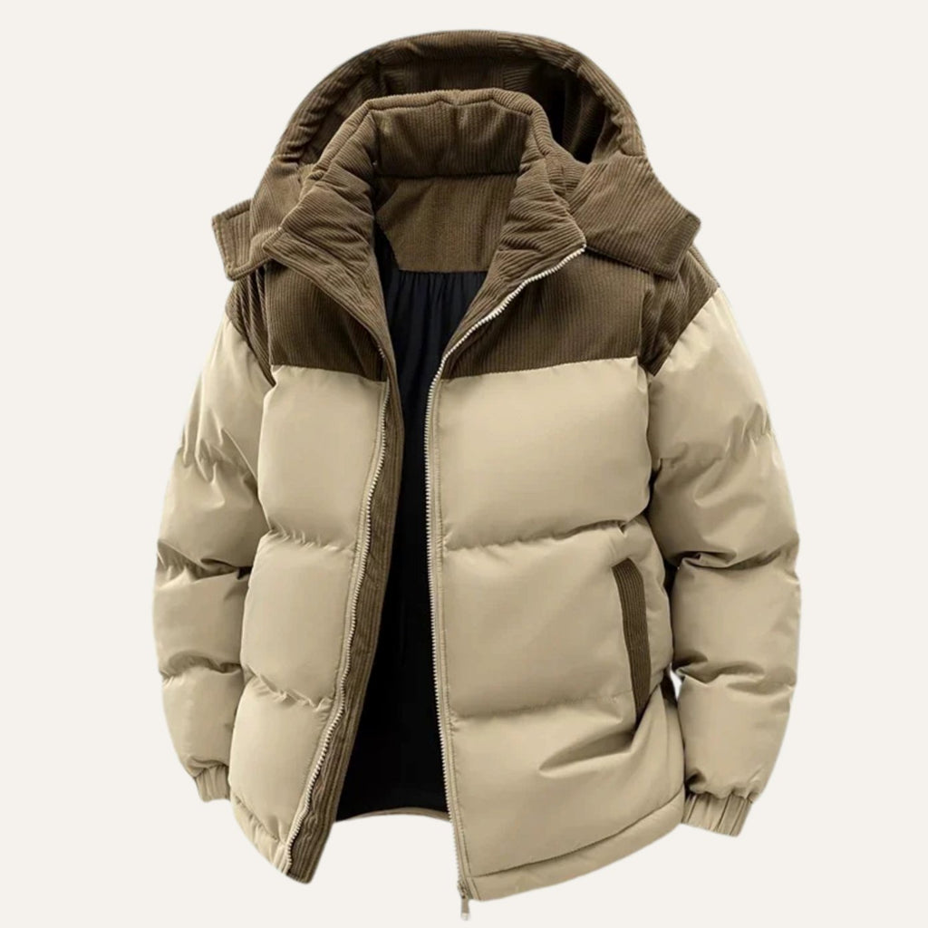 Men's Hooded Corduroy-Panel Insulated Puffer Jacket - Khaki