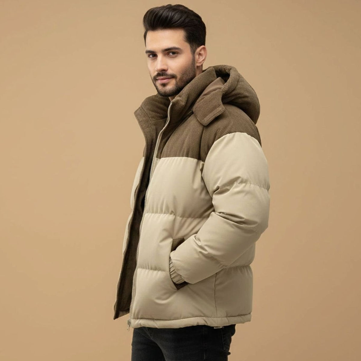 Men's Hooded Corduroy-Panel Insulated Puffer Jacket
