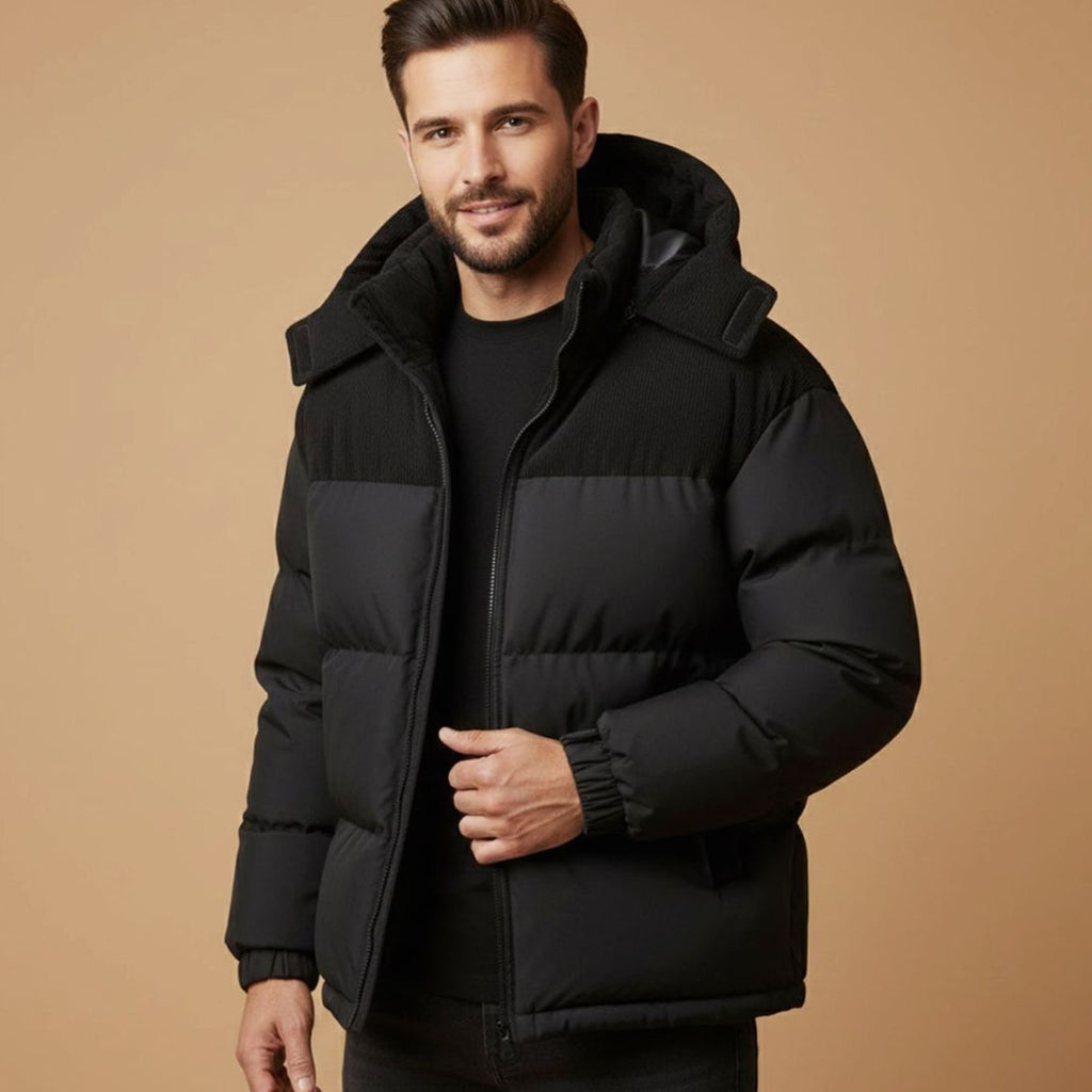 Men's Hooded Corduroy-Panel Insulated Puffer Jacket