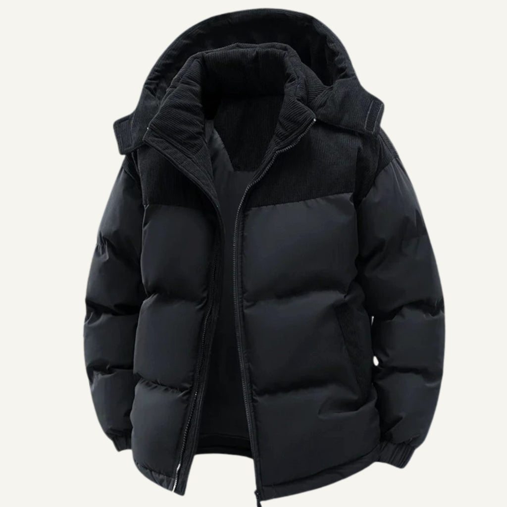 Men's Hooded Corduroy-Panel Insulated Puffer Jacket - Black