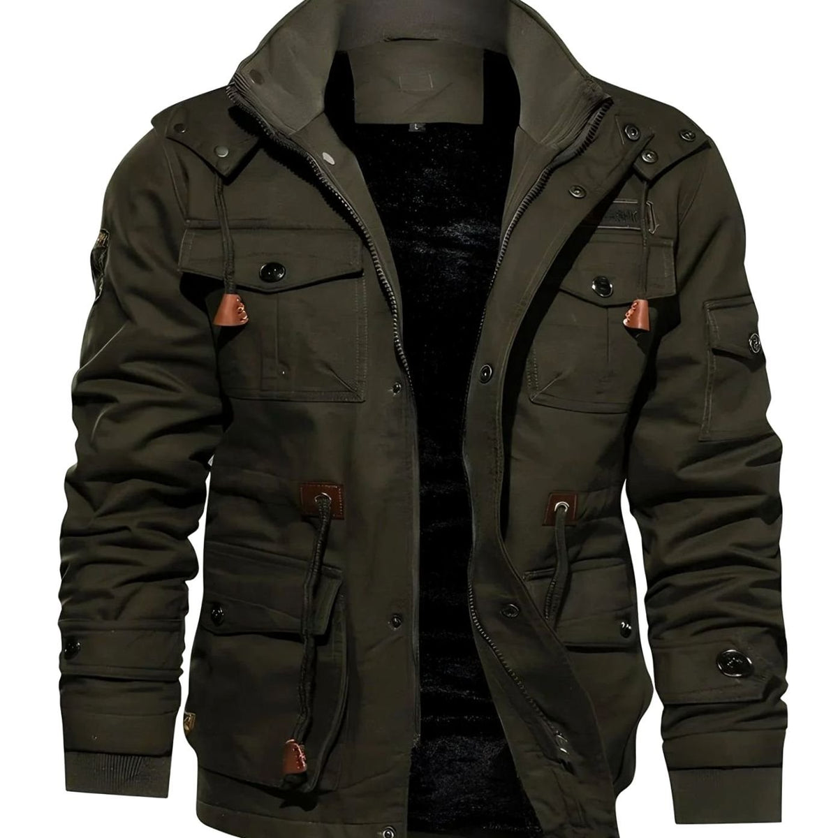 Men's Hooded Fleece-Lined Multi-Pocket Cargo Jacket - Green