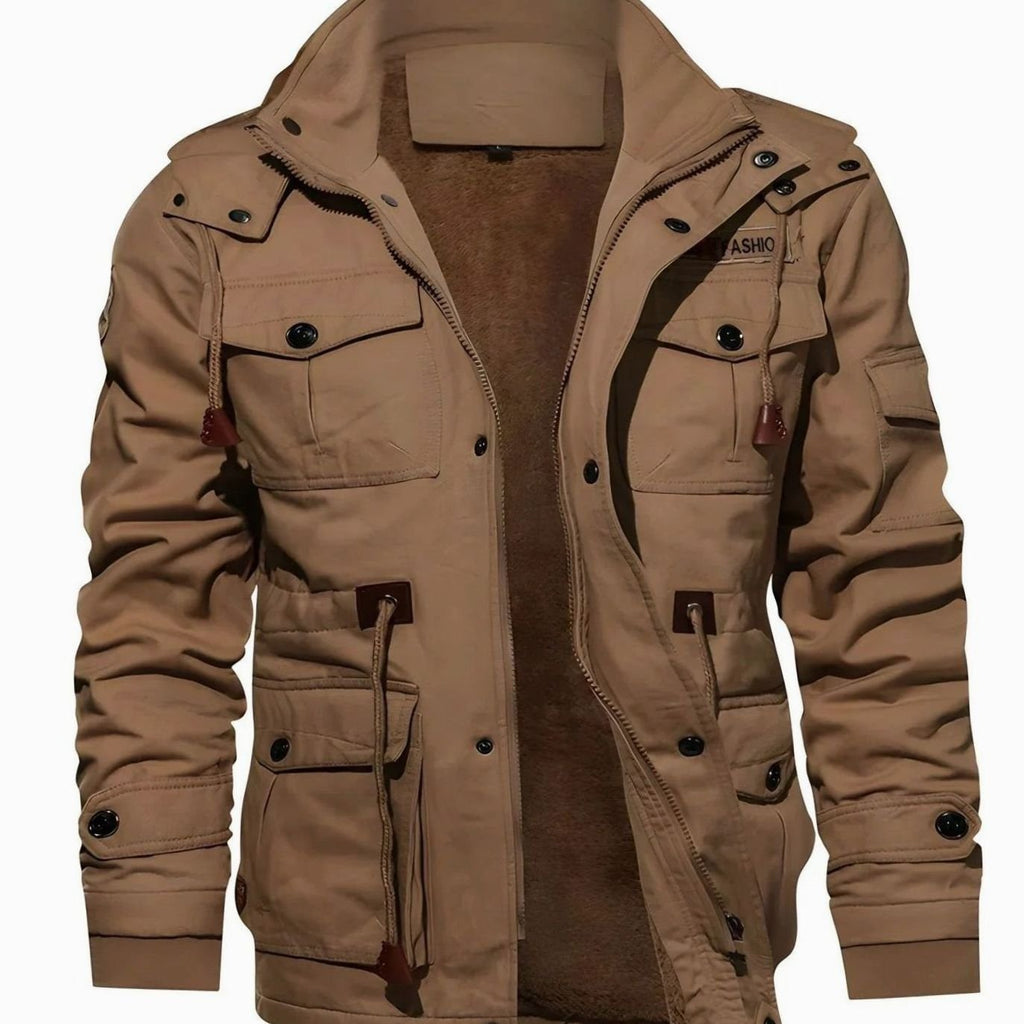 Men's Hooded Fleece-Lined Multi-Pocket Cargo Jacket - Khaki