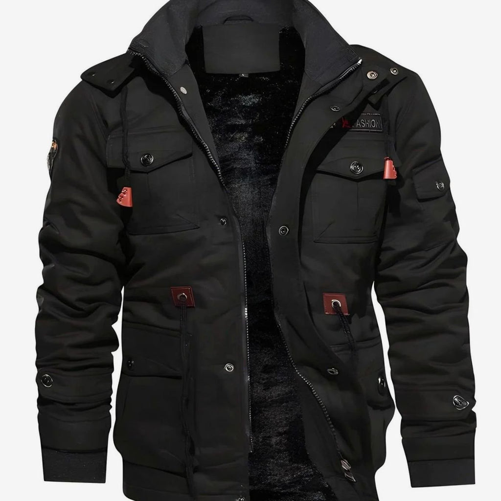 Men's Hooded Fleece-Lined Multi-Pocket Cargo Jacket - Black