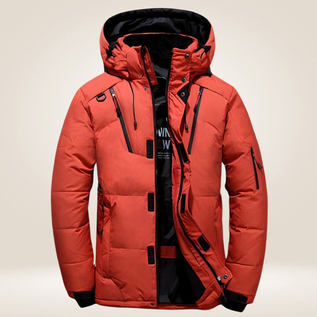 Men's Hooded Insulated Puffer Wrap-Front Winter Coat - Orange