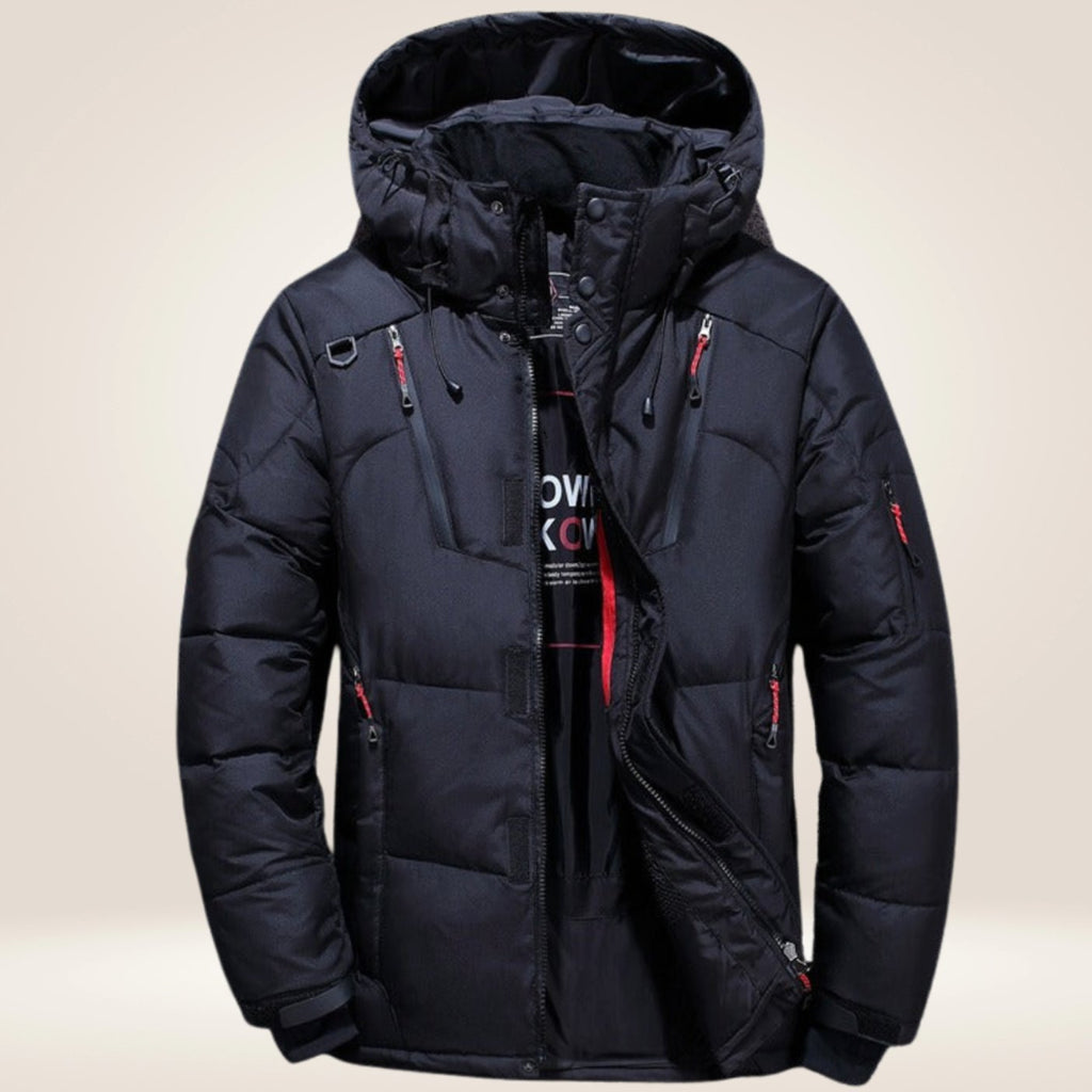 Men's Hooded Insulated Puffer Wrap-Front Winter Coat - Black