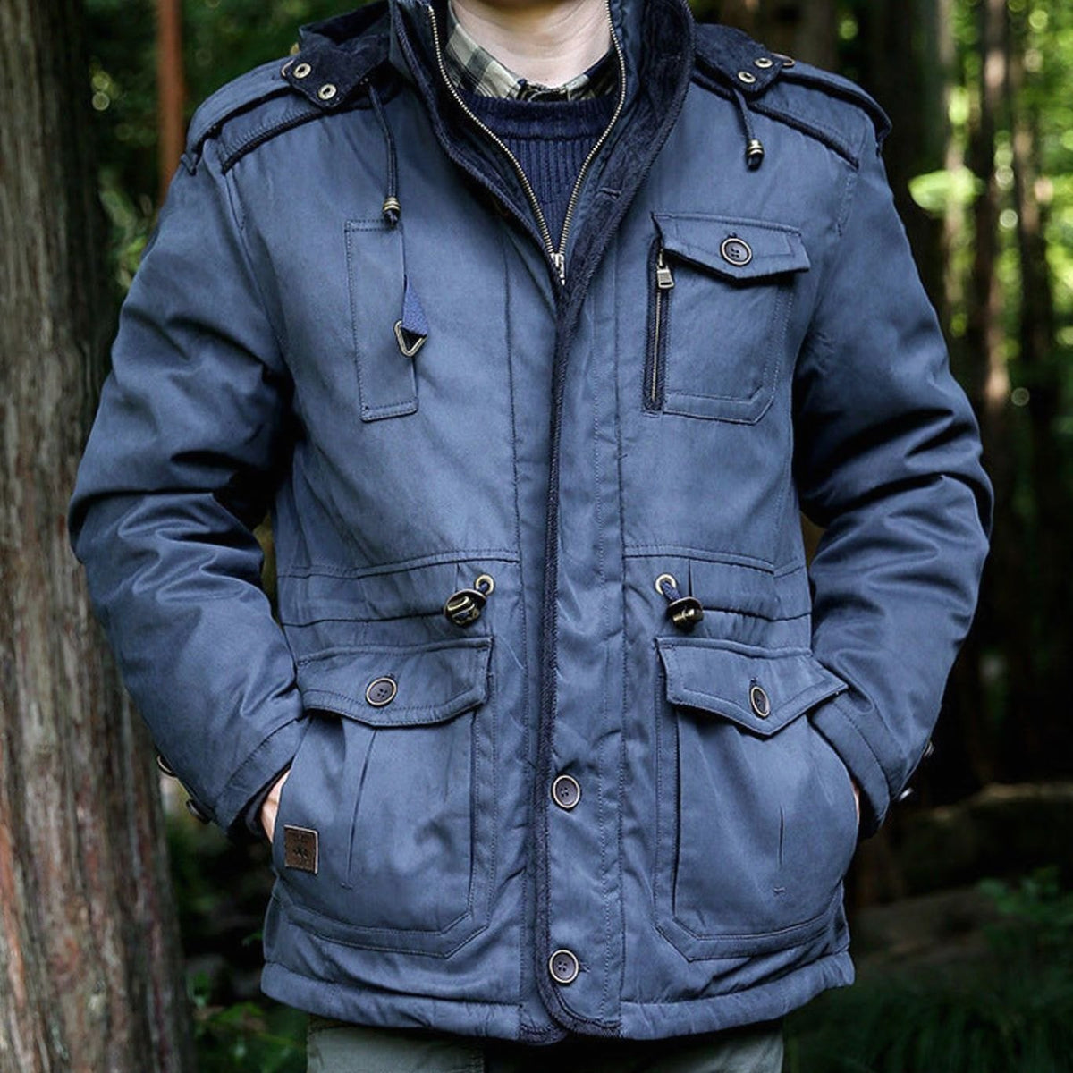 Men's Hooded Multi-Pocket Insulated Military Parka Jacket - Navy Blue