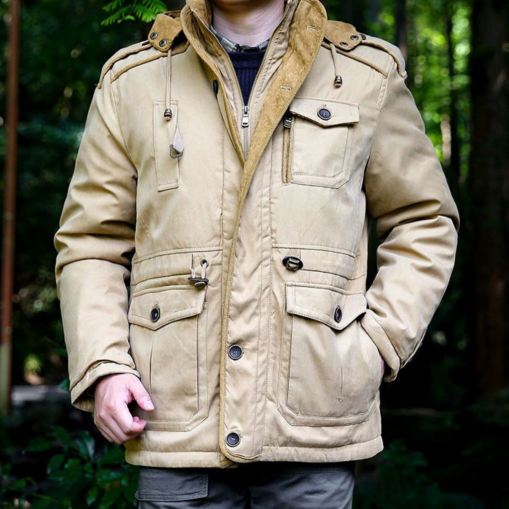 Men's Hooded Multi-Pocket Insulated Military Parka Jacket - Khaki
