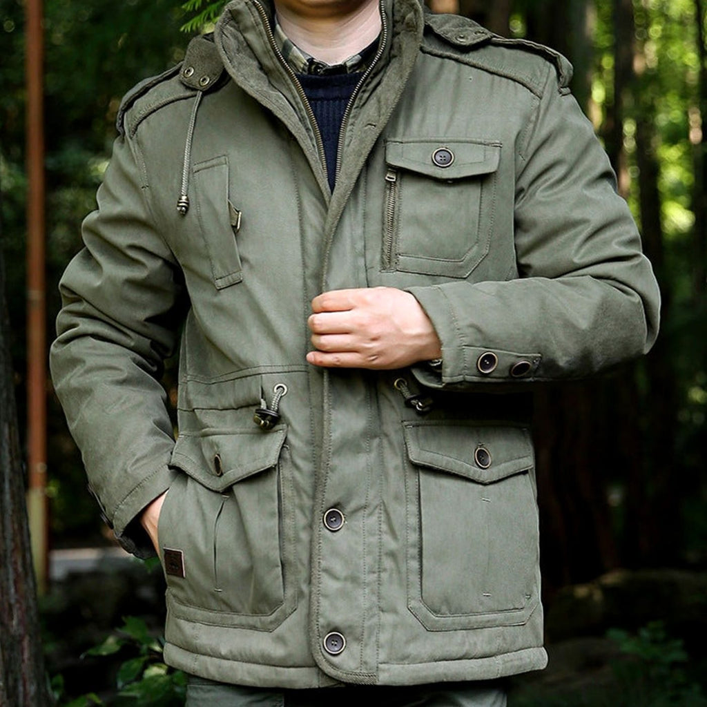 Men's Hooded Multi-Pocket Insulated Military Parka Jacket - Olive Green