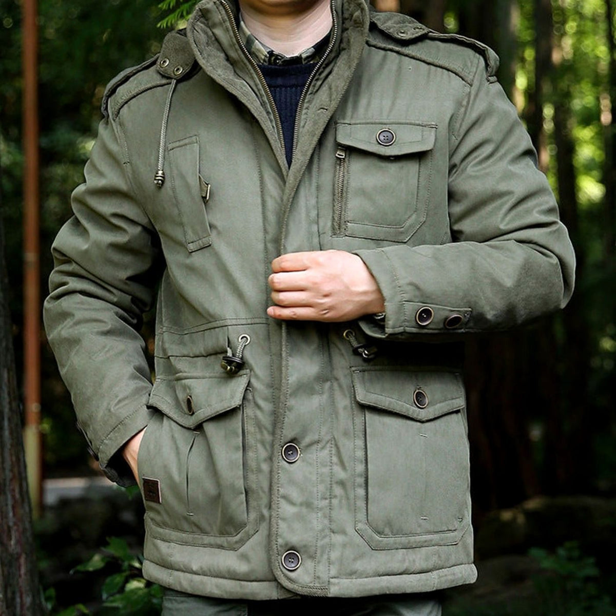 Men's Hooded Multi-Pocket Insulated Military Parka Jacket - Olive Green