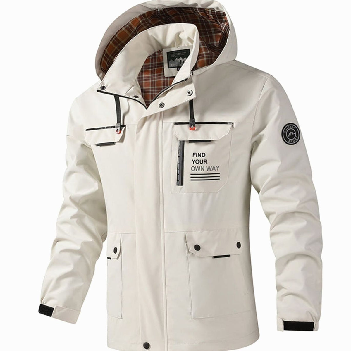 Men's Hooded Waterproof Outdoor Full-Zip Shell Jacket - White
