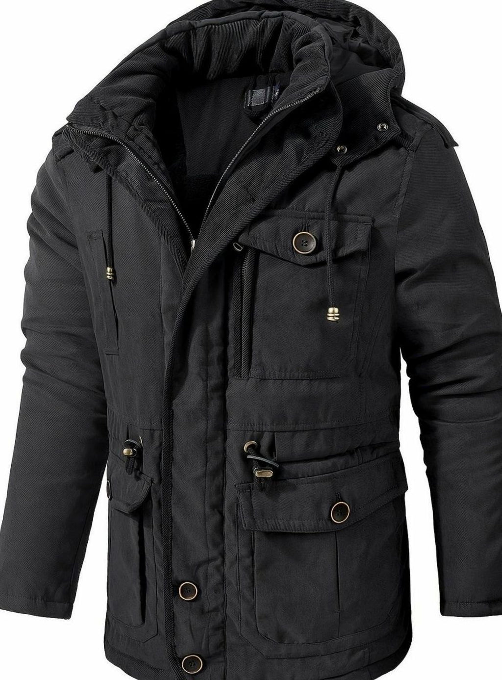 Men's Insulated Hooded Multi-Pocket Utility Jacket - Black