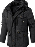 Men's Insulated Hooded Multi-Pocket Utility Jacket - Black