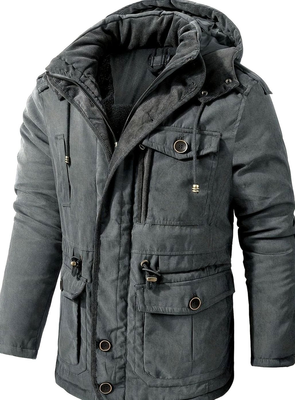 Men's Insulated Hooded Multi-Pocket Utility Jacket - Grey