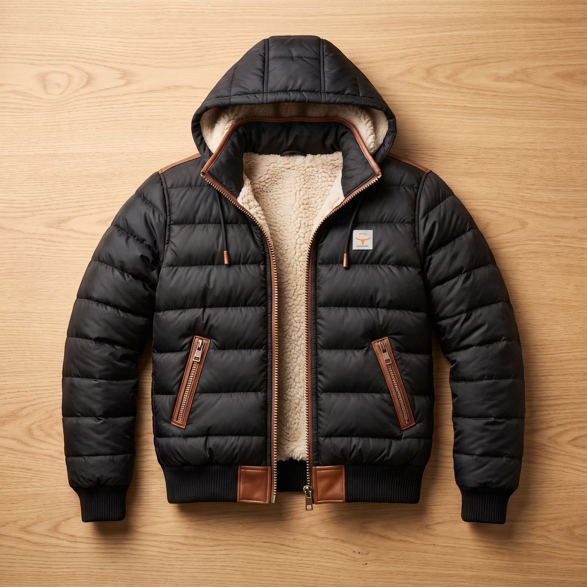 Men's Insulated Hooded Puffer Winter Jacket Zip-Up - Black Cream