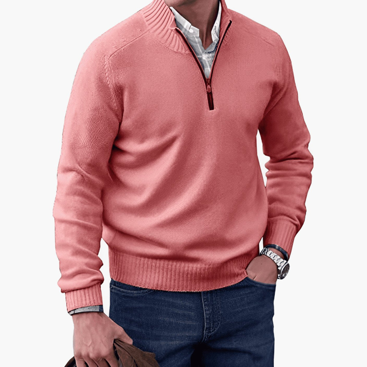 Men's Knit Half-Zip Pullover Jumper Raglan Sweater - Pink