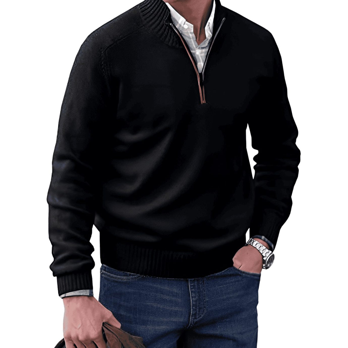 Men's Knit Half-Zip Pullover Jumper Raglan Sweater - Black