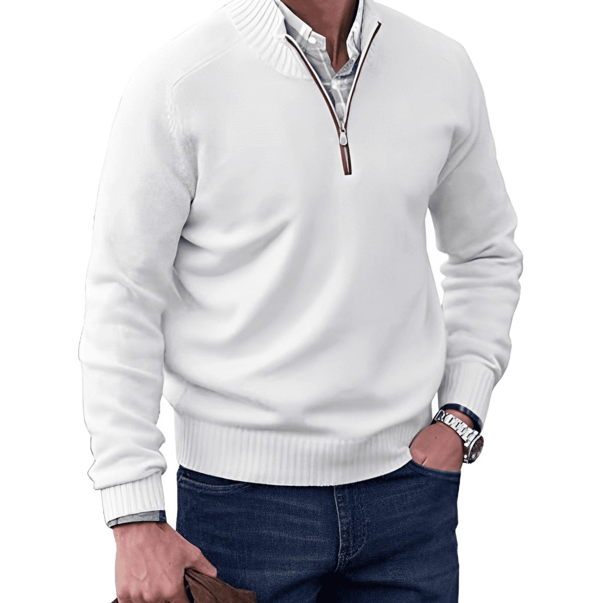 Men's Knit Half-Zip Pullover Jumper Raglan Sweater - White