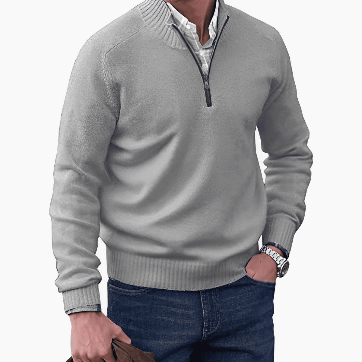 Men's Knit Half-Zip Pullover Jumper Raglan Sweater - Light Gray