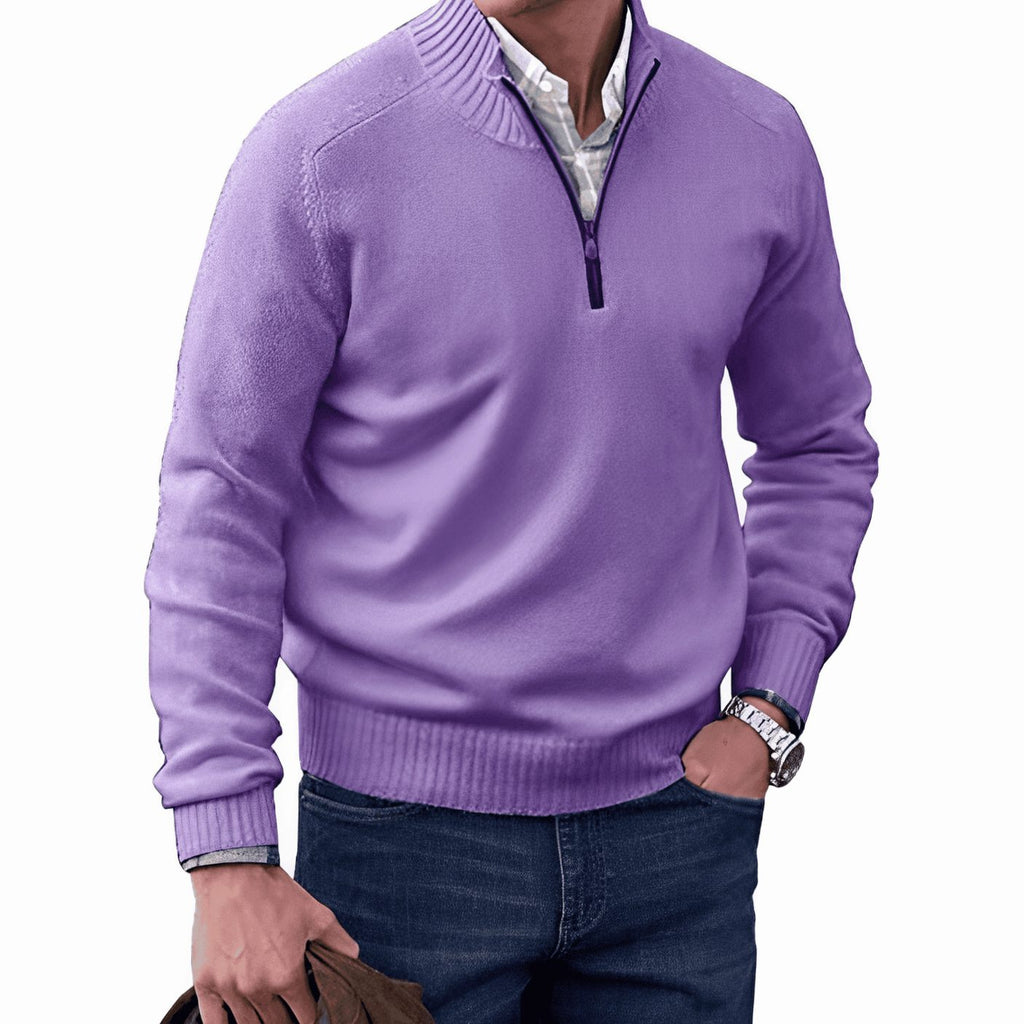 Men's Knit Half-Zip Pullover Jumper Raglan Sweater - Purple